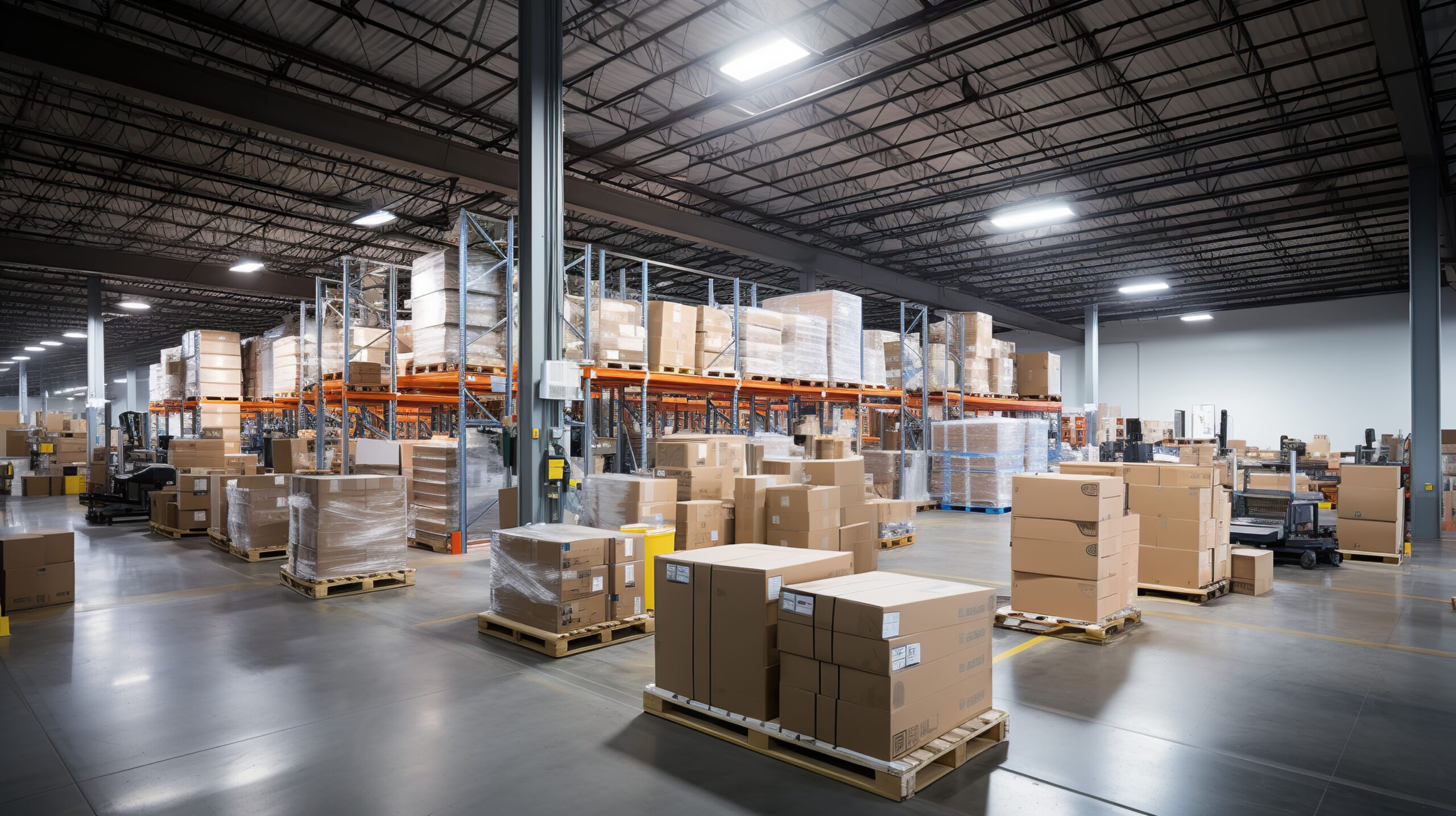 Warehouse Interior With Shelves Pallets Boxes Loader (1)